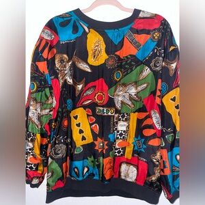 Funky Vintage Silk Abstract Silk Long Sleeve Shirt Carole Little Sport Size 8